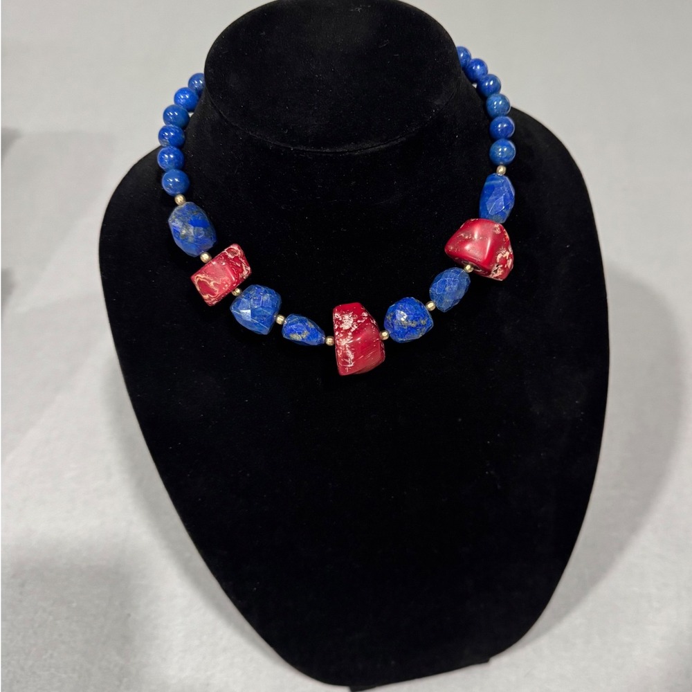 Beaded Necklace Women Blue Red Lapis Lazuli Larimar Coral Statement